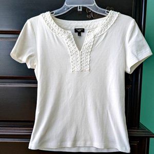 Talbots Petite Pristine White Tshirt with Embroidered Neck Detail
